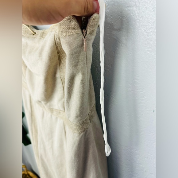 Harvey Bernard 100% Khaki Linen Two Piece Strapless Dress & Linen Fringe Jacket - Picture 12 of 12